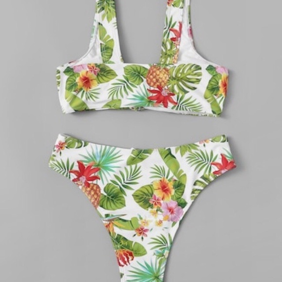 Tropical Bikini Swimsuit White Green S M 4 6 8 10 - Picture 5 of 8